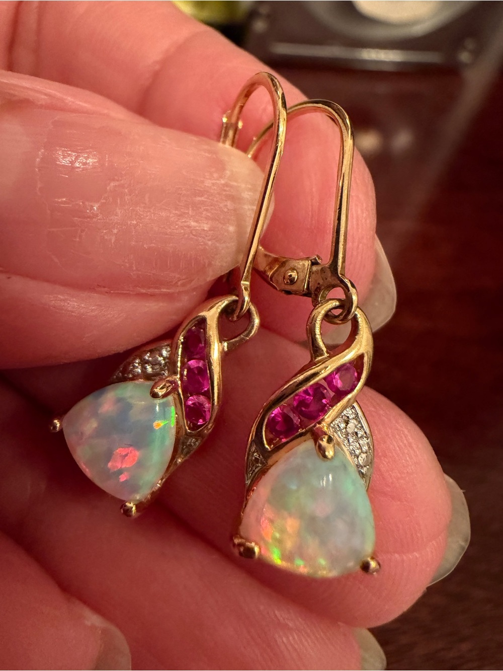 STERLING SILVER OPAL & RUBY DANGLE EARRINGS, gorgeous! vintage - Picture 3 of 7